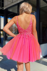 Dressystars Fuchsia Orange Homecoming Dress Tulle Spaghetti Straps Party Dress with Appliques
