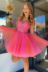 Dressystars Fuchsia Orange Homecoming Dress Tulle Spaghetti Straps Party Dress with Appliques