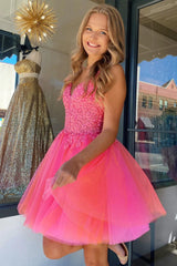 Dressystars Fuchsia Orange Homecoming Dress Tulle Spaghetti Straps Party Dress with Appliques