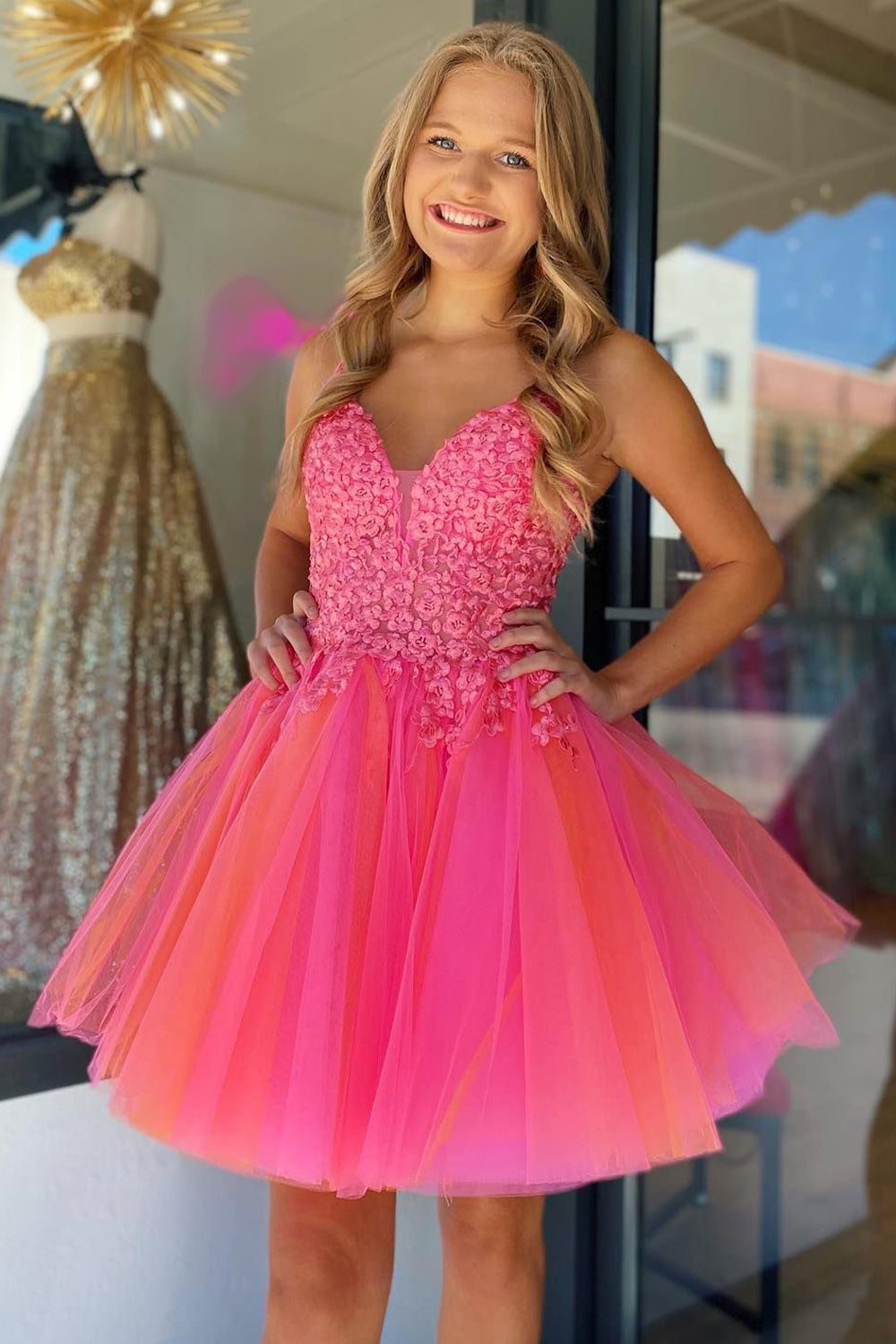 Dressystars Fuchsia Orange Homecoming Dress Tulle Spaghetti Straps Party Dress with Appliques