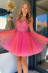 Dressystars Fuchsia Orange Homecoming Dress Tulle Spaghetti Straps Party Dress with Appliques