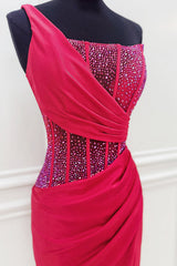 Dressystars Fuchsia Satin Tight Homecoming Dresses Beaded Short Corset Cocktail Dresses With Slit