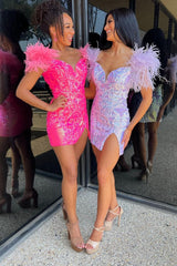 Dressystars Fuchsia Sheath Short Homecoming Dress with Feathers