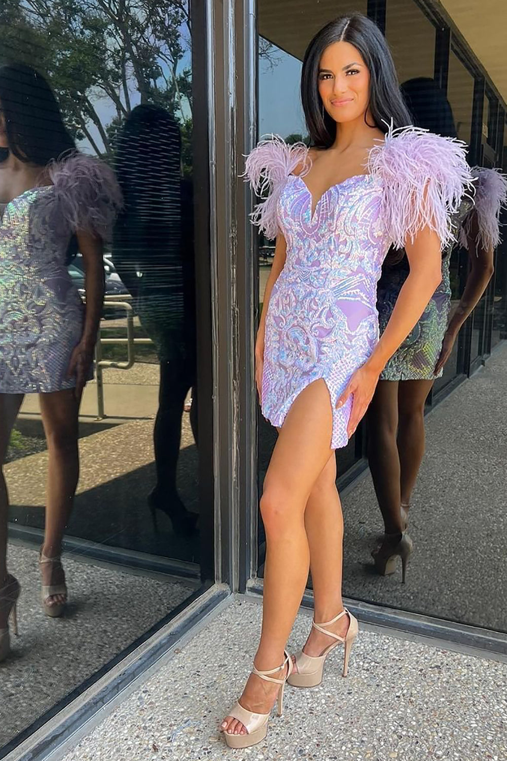 Dressystars Fuchsia Sheath Short Homecoming Dress with Feathers
