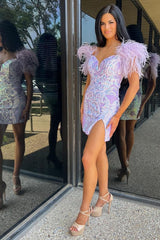 Dressystars Fuchsia Sheath Short Homecoming Dress with Feathers