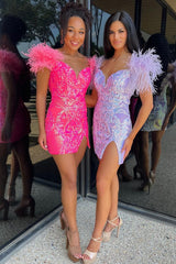 Dressystars Fuchsia Sheath Short Homecoming Dress with Feathers
