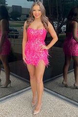 Dressystars Fuchsia Sheath Spaghetti Straps Short Homecoming Dress with Feathers