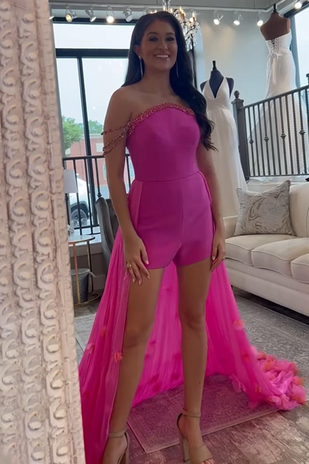Dressystars Fuchsia Short Floral Tight Homecoming Jumpsuits With Cape