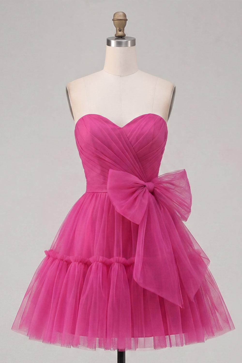 Dressystars Fuchsia Sweetheart Ruched A-Line Short Homecoming Dress with Bow
