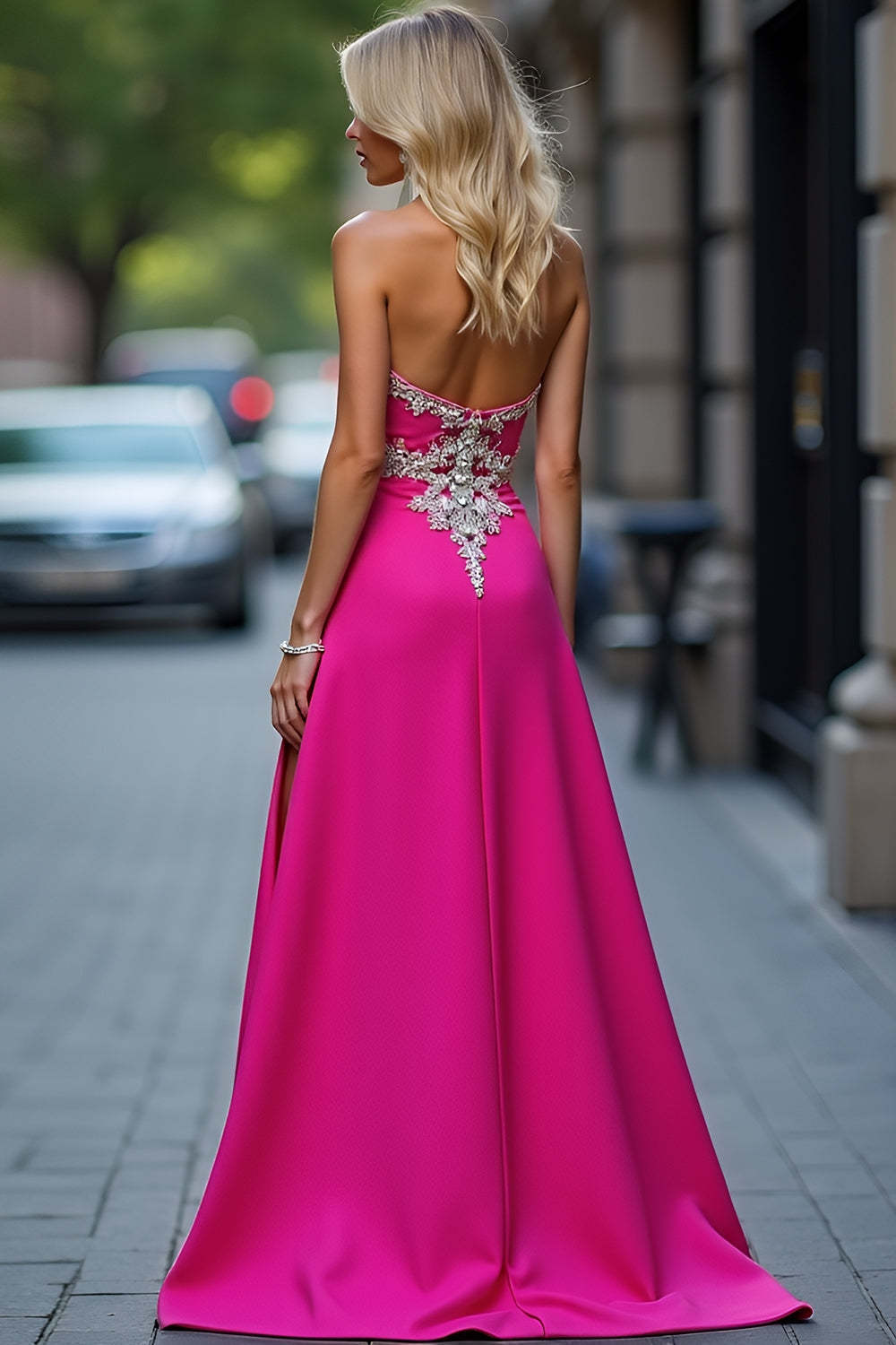 Dressystars Fuchsia Wedding Guest Dress Long Sheath Satin Appliqued Prom Dress With Slit