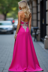 Dressystars Fuchsia Wedding Guest Dress Long Sheath Satin Appliqued Prom Dress With Slit