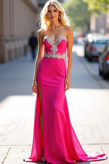 Dressystars Fuchsia Wedding Guest Dress Long Sheath Satin Appliqued Prom Dress With Slit
