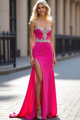 Dressystars Fuchsia Wedding Guest Dress Long Sheath Satin Appliqued Prom Dress With Slit