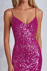 Dressystars Fuchsia Wedding Guest Dress Sheath Sequins Long Formal Dress