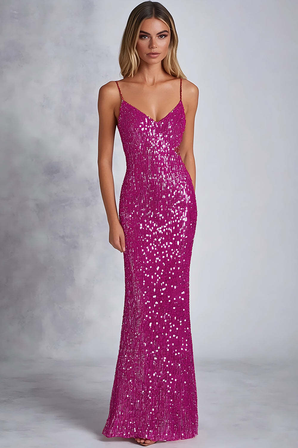 Dressystars Fuchsia Wedding Guest Dress Sheath Sequins Long Formal Dress