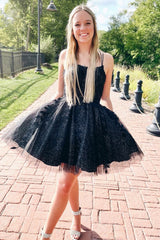 Dressystars Glitter Black Homecoming Dress A-Line Tulle Short Prom Dress with Lace