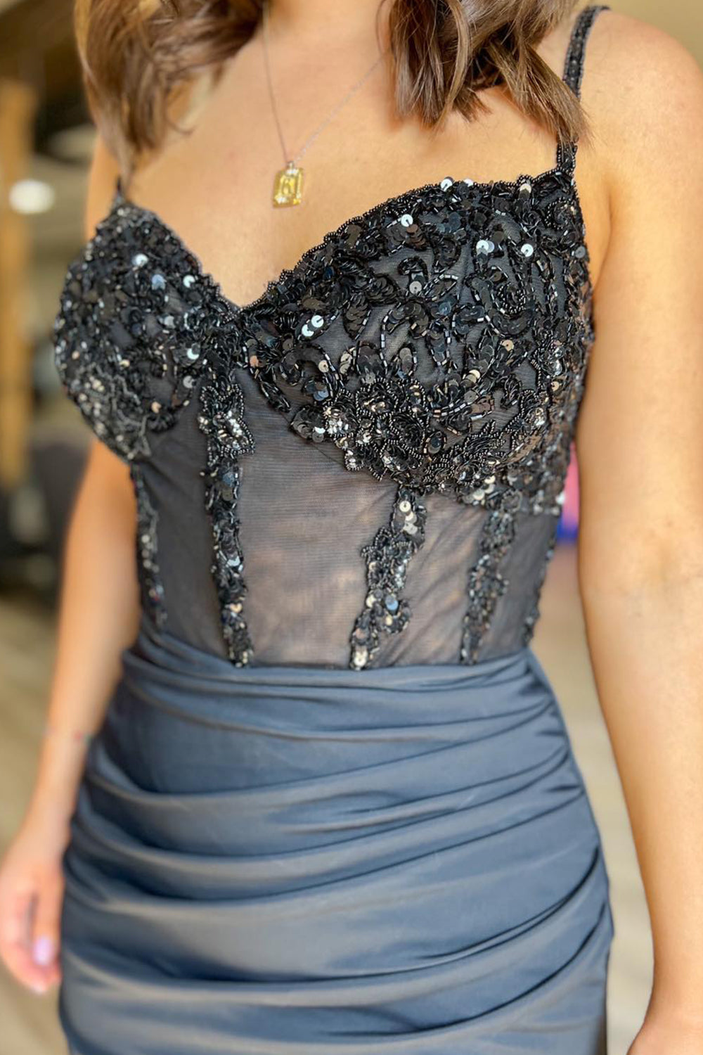 Dressystars Glitter Black Homecoming Dress Corset Satin Asymmetrical Tight Short Prom Dress with Sequin