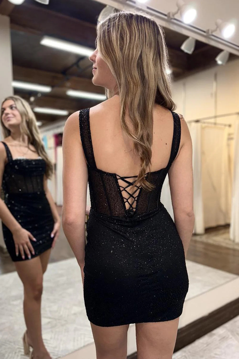 Dressystars Glitter Black Homecoming Dress Corset Sequin Off the Shoulder Tight Short Prom Dress