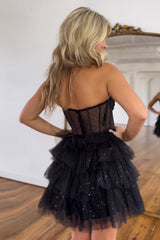 Dressystars Glitter Black Homecoming Dress Corset Tiered A-Line Tulle Short Prom Dress