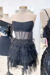 Dressystars Glitter Black Homecoming Dress Corset Tiered A-Line Tulle Short Prom Dress