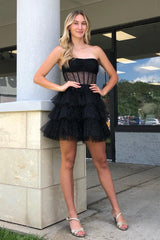 Dressystars Glitter Black Homecoming Dress Corset Tiered A-Line Tulle Short Prom Dress