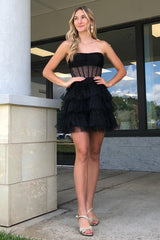 Dressystars Glitter Black Homecoming Dress Corset Tiered A-Line Tulle Short Prom Dress