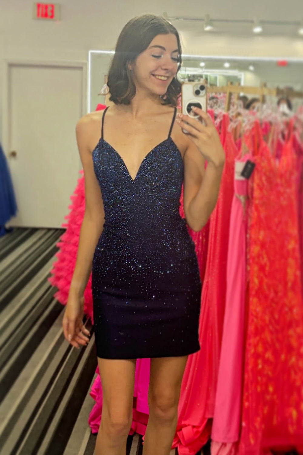 Dressystars Glitter Black Homecoming Dress Spaghetti Straps Sequin Backless Tight Prom Dress