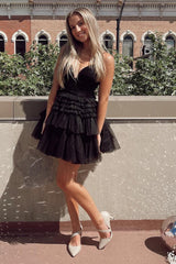 Dressystars Glitter Black Homecoming Dress Tiered Spaghetti Straps Short Prom Dress