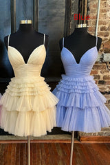 Dressystars Glitter Blue Homecoming Dress A-Line Tulle Tiered Short Prom Dress