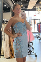 Dressystars Glitter Blue Homecoming Dress Corset Floral Sequin Tight Short Prom Dress with Fringes
