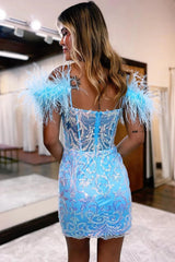 Dressystars Glitter Blue Homecoming Dress Corset Lace Tight Short Prom Dress with Feathers