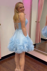 Dressystars Glitter Blue Homecoming Dress Corset Tulle A-Line Tulle Short Prom Dress With Pocket