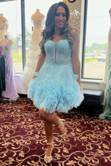 Dressystars Glitter Blue Homecoming Dress Corset Tulle A-Line Tulle Short Prom Dress With Pocket