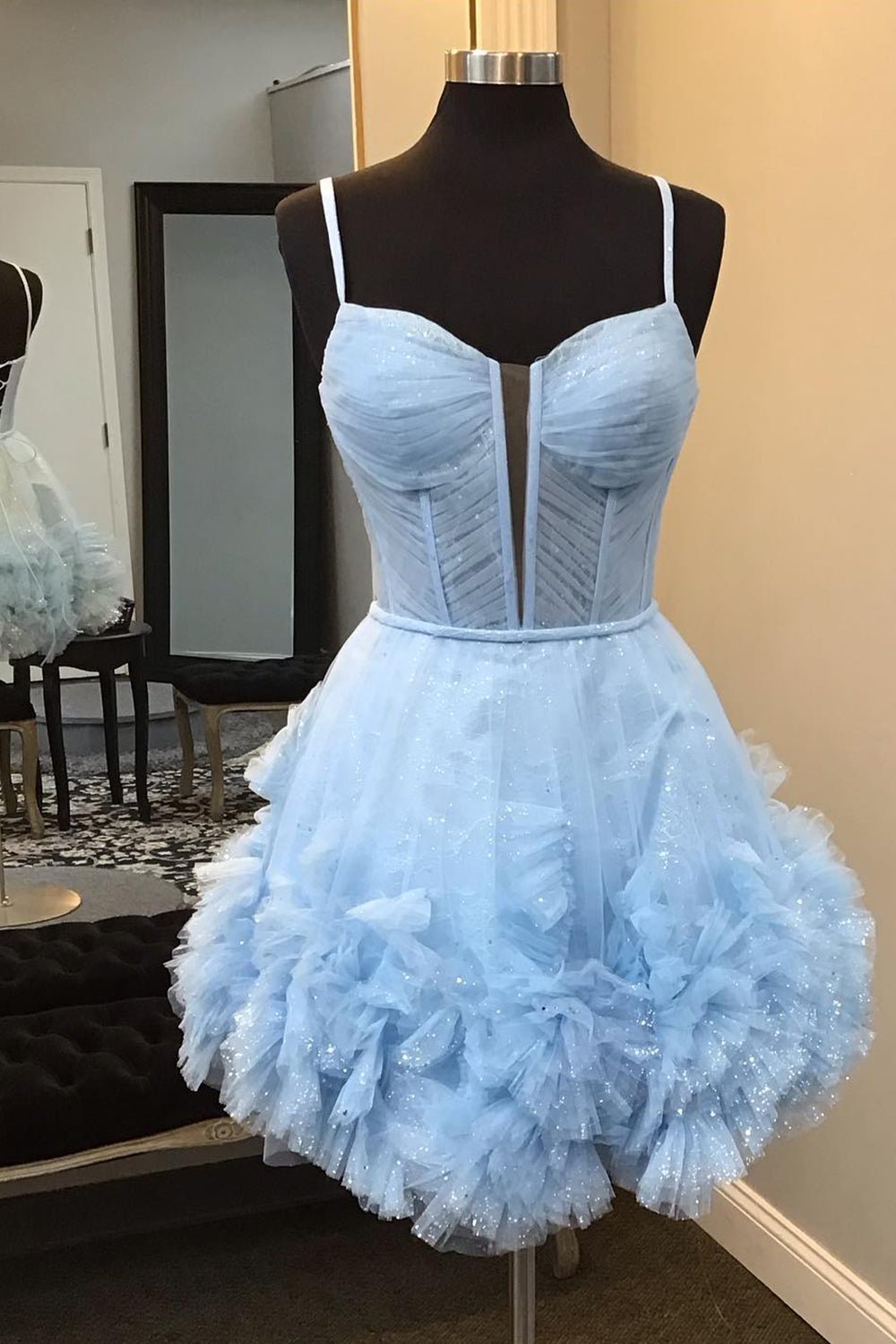 Dressystars Glitter Blue Homecoming Dress Corset Tulle A-Line Tulle Short Prom Dress With Pocket