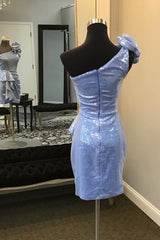 Dressystars Glitter Blue Homecoming Dress Sequin One Shoulder Tiered Prom Dress