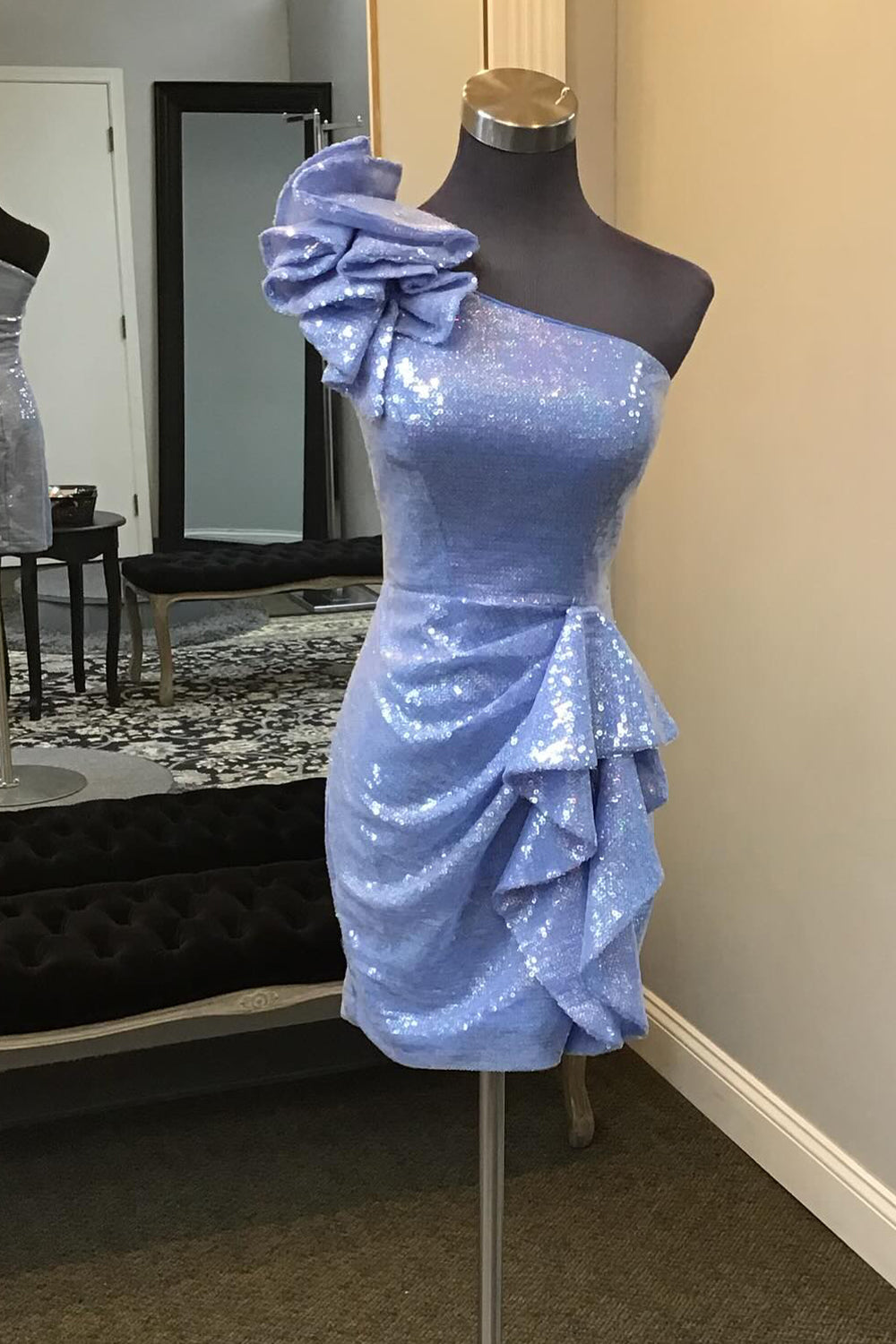 Dressystars Glitter Blue Homecoming Dress Sequin One Shoulder Tiered Prom Dress