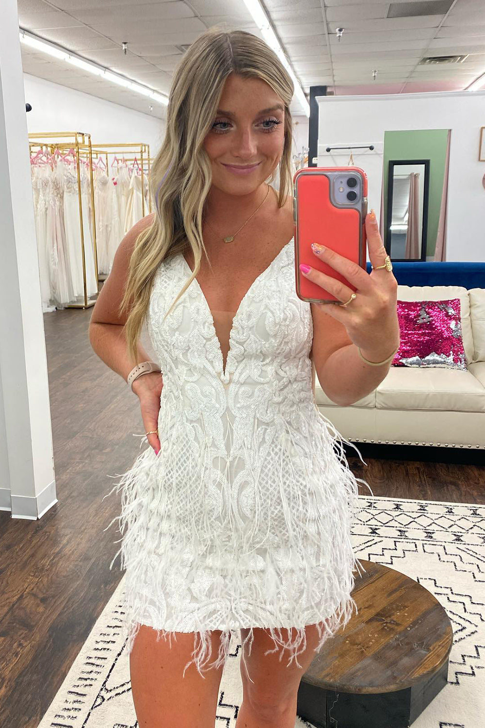 Dressystars Glitter Blue Homecoming Dress Sequined Tight Short Prom Dress with Feathers