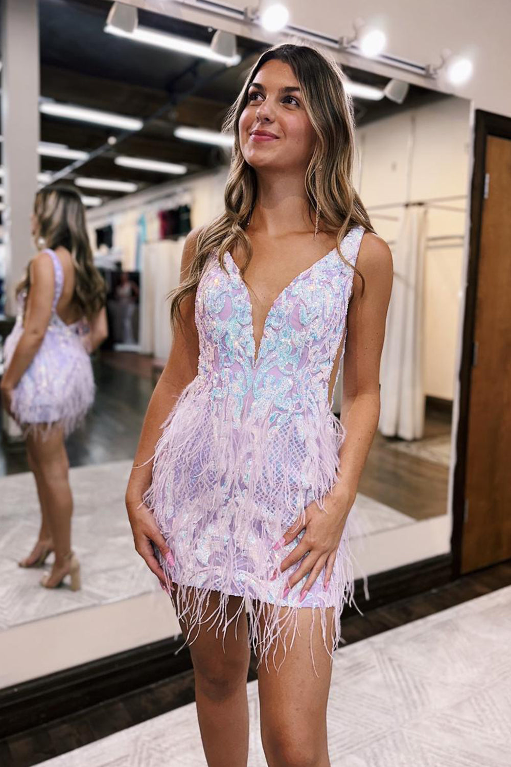 Dressystars Glitter Blue Homecoming Dress Sequined Tight Short Prom Dress with Feathers