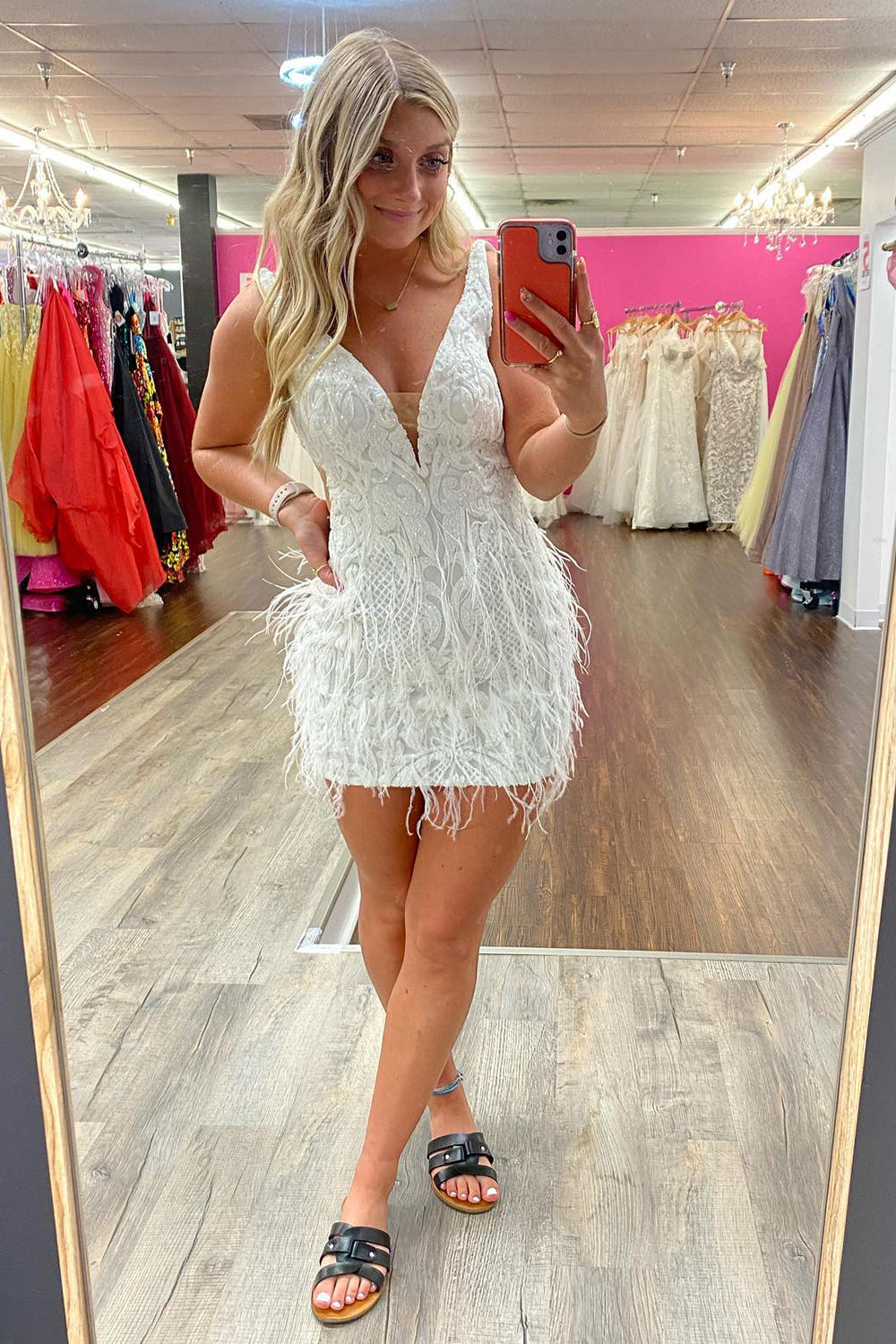 Dressystars Glitter Blue Homecoming Dress Sequined Tight Short Prom Dress with Feathers