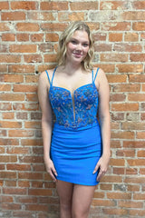 Dressystars Glitter Blue Homecoming Dress Spaghetti Straps Corset Tight Short Beaded Prom Dress