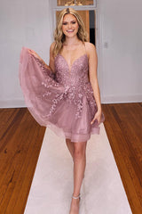 Dressystars Glitter Blush Homecoming Dress A-Line Tulle Short Prom Dress with Lace