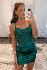 Dressystars Glitter Dark Green Homecoming Dress Corset Spaghetti Straps Tight Short Prom Dress with Lace
