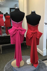 Dressystars Glitter Fuchsia Homecoming Dress Beaded Strapless Bodycon Short Prom Dress With Bow