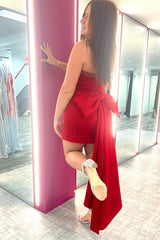 Dressystars Glitter Fuchsia Homecoming Dress Beaded Strapless Bodycon Short Prom Dress With Bow