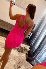 Dressystars Glitter Fuchsia Homecoming Dress One Shoulder Beaded Tight Prom Dress
