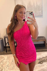 Dressystars Glitter Fuchsia Homecoming Dress One Shoulder Beaded Tight Prom Dress