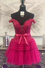 Dressystars Glitter Fuchsia Homecoming Dress Tiered A-Line Tulle Corset Short Prom Dress with Lace