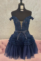 Dressystars Glitter Fuchsia Homecoming Dress Tiered A-Line Tulle Corset Short Prom Dress with Lace