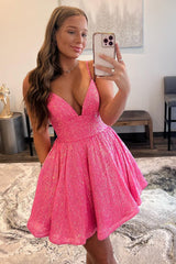 Dressystars Glitter Hot Pink Homecoming Dress A-Line Short Prom Dress with Pockets