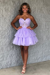 Dressystars Glitter Lavender Homecoming Dress Corset Tiered Short A-Line Tulle Prom Dress with Lace